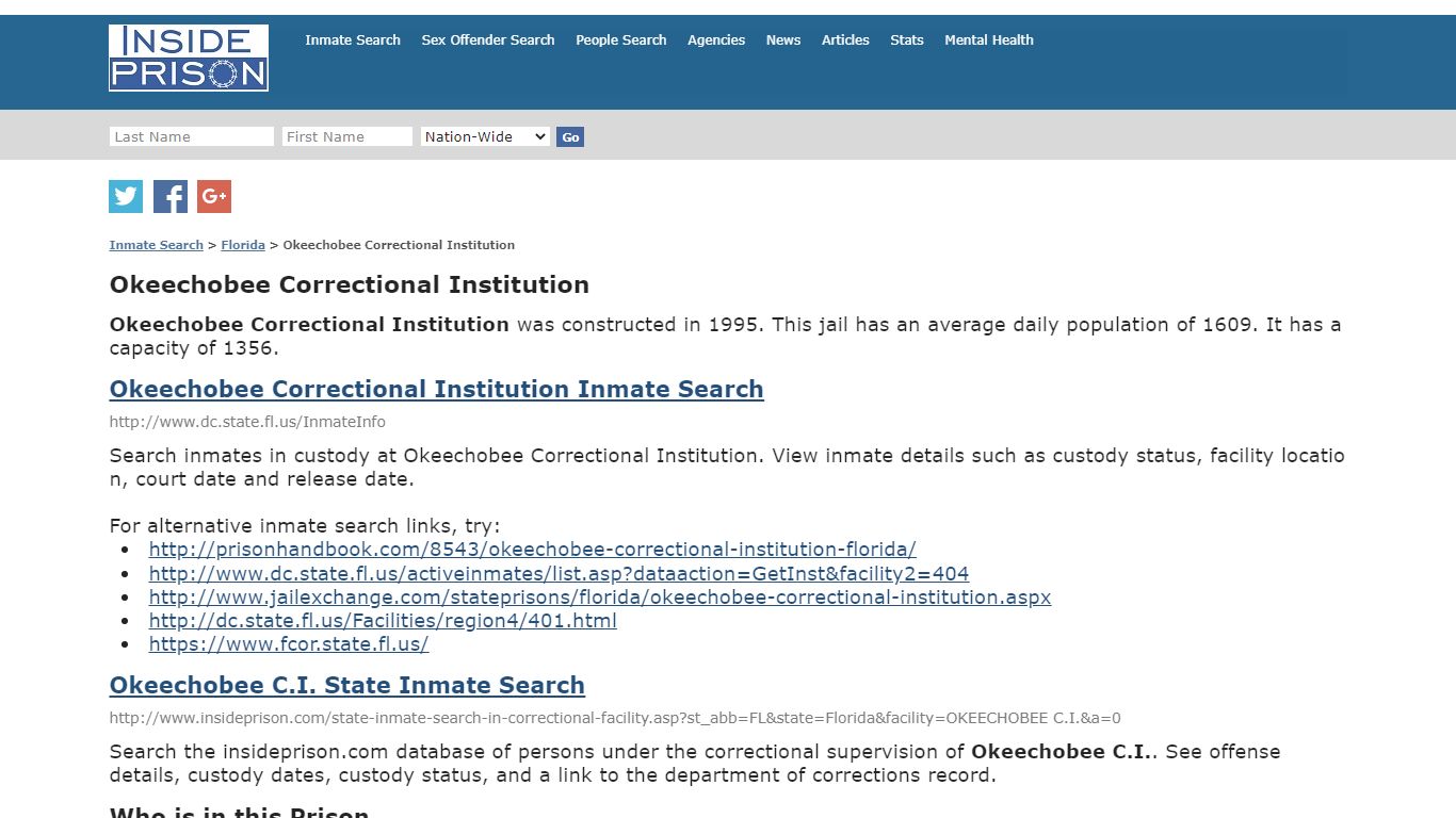 Okeechobee Correctional Institution - Florida - Inmate Search
