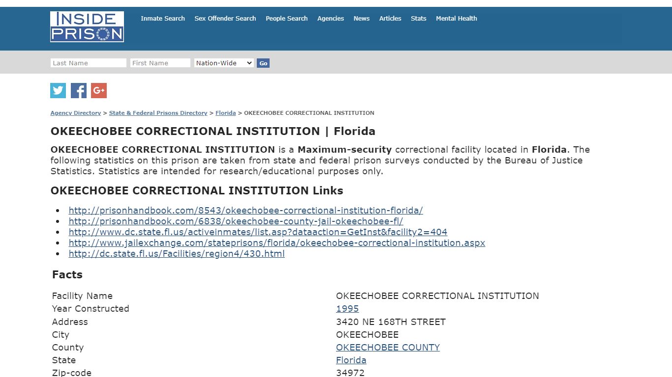 OKEECHOBEE CORRECTIONAL INSTITUTION, Florida - Inmate Search
